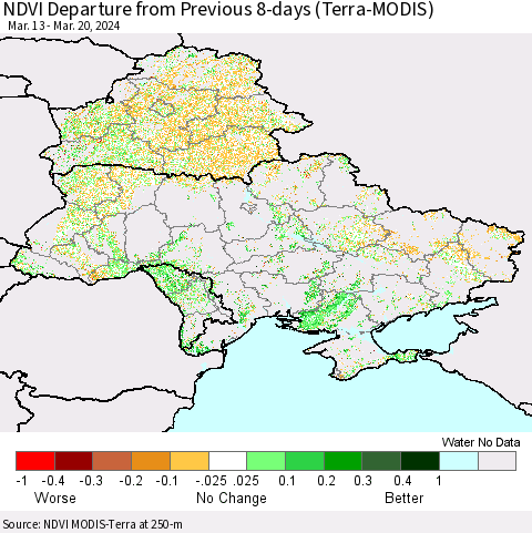 Ukraine, Moldova and Belarus NDVI Departure from Previous 8-days (Terra-MODIS) Thematic Map For 3/13/2024 - 3/20/2024