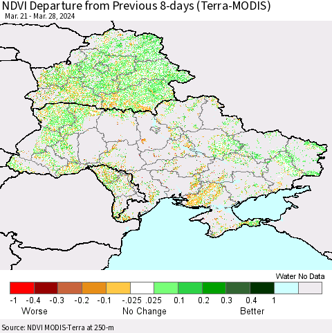 Ukraine, Moldova and Belarus NDVI Departure from Previous 8-days (Terra-MODIS) Thematic Map For 3/21/2024 - 3/28/2024