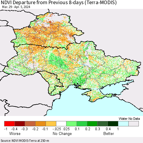 Ukraine, Moldova and Belarus NDVI Departure from Previous 8-days (Terra-MODIS) Thematic Map For 3/29/2024 - 4/5/2024