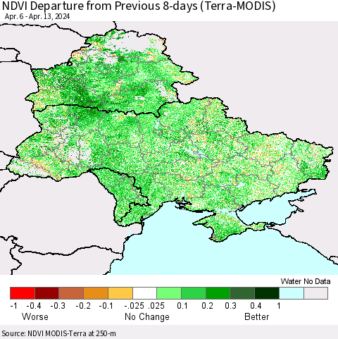 Ukraine, Moldova and Belarus NDVI Departure from Previous 8-days (Terra-MODIS) Thematic Map For 4/6/2024 - 4/13/2024