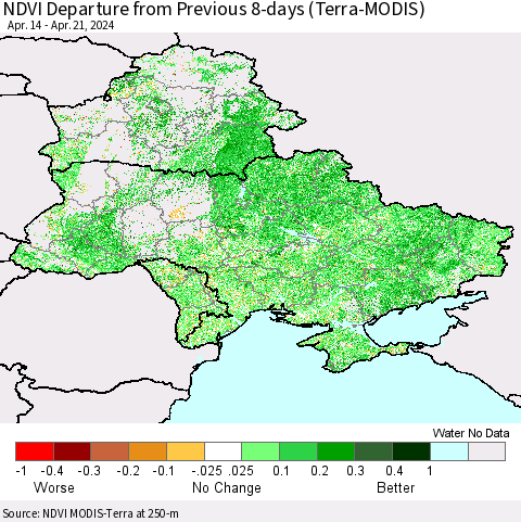 Ukraine, Moldova and Belarus NDVI Departure from Previous 8-days (Terra-MODIS) Thematic Map For 4/14/2024 - 4/21/2024