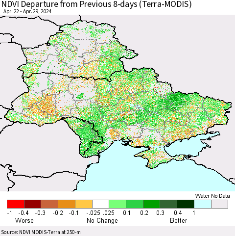 Ukraine, Moldova and Belarus NDVI Departure from Previous 8-days (Terra-MODIS) Thematic Map For 4/22/2024 - 4/29/2024