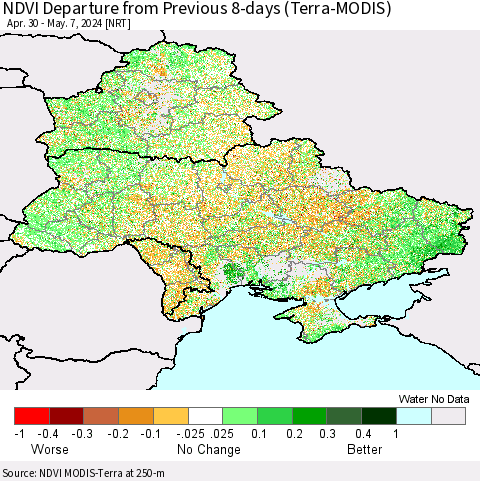 Ukraine, Moldova and Belarus NDVI Departure from Previous 8-days (Terra-MODIS) Thematic Map For 4/30/2024 - 5/7/2024