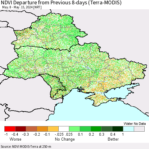 Ukraine, Moldova and Belarus NDVI Departure from Previous 8-days (Terra-MODIS) Thematic Map For 5/8/2024 - 5/15/2024