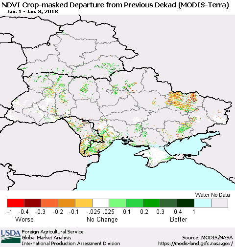 Ukraine, Moldova and Belarus Cropland NDVI Departure from Previous Dekad (Terra-MODIS) Thematic Map For 1/1/2018 - 1/10/2018
