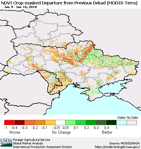 Ukraine, Moldova and Belarus Cropland NDVI Departure from Previous Dekad (Terra-MODIS) Thematic Map For 1/11/2018 - 1/20/2018