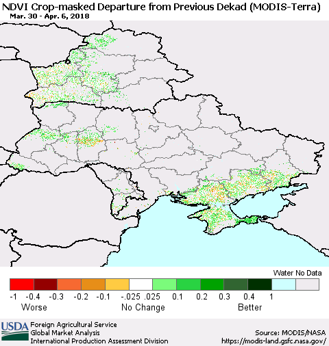 Ukraine, Moldova and Belarus Cropland NDVI Departure from Previous Dekad (Terra-MODIS) Thematic Map For 4/1/2018 - 4/10/2018