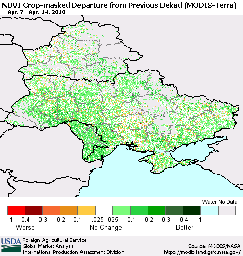 Ukraine, Moldova and Belarus Cropland NDVI Departure from Previous Dekad (Terra-MODIS) Thematic Map For 4/11/2018 - 4/20/2018