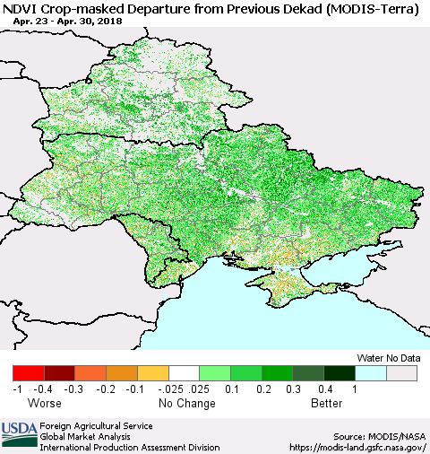 Ukraine, Moldova and Belarus Cropland NDVI Departure from Previous Dekad (Terra-MODIS) Thematic Map For 4/21/2018 - 4/30/2018