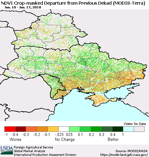 Ukraine, Moldova and Belarus Cropland NDVI Departure from Previous Dekad (Terra-MODIS) Thematic Map For 6/11/2018 - 6/20/2018