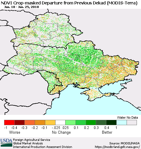 Ukraine, Moldova and Belarus Cropland NDVI Departure from Previous Dekad (Terra-MODIS) Thematic Map For 6/21/2018 - 6/30/2018