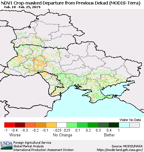 Ukraine, Moldova and Belarus Cropland NDVI Departure from Previous Dekad (Terra-MODIS) Thematic Map For 2/21/2019 - 2/28/2019