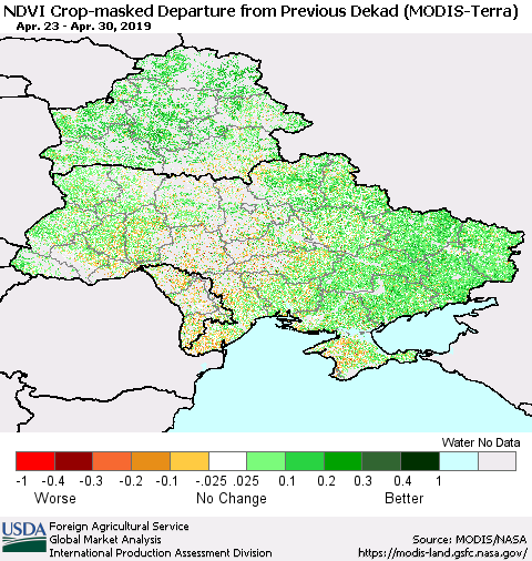 Ukraine, Moldova and Belarus Cropland NDVI Departure from Previous Dekad (Terra-MODIS) Thematic Map For 4/21/2019 - 4/30/2019