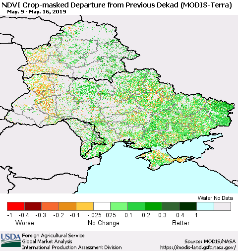 Ukraine, Moldova and Belarus Cropland NDVI Departure from Previous Dekad (Terra-MODIS) Thematic Map For 5/11/2019 - 5/20/2019