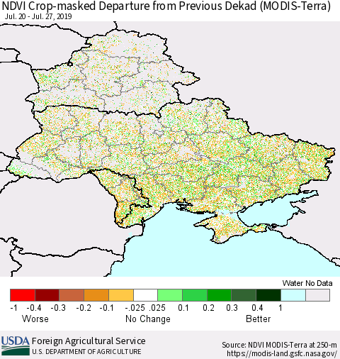 Ukraine, Moldova and Belarus Cropland NDVI Departure from Previous Dekad (Terra-MODIS) Thematic Map For 7/21/2019 - 7/31/2019