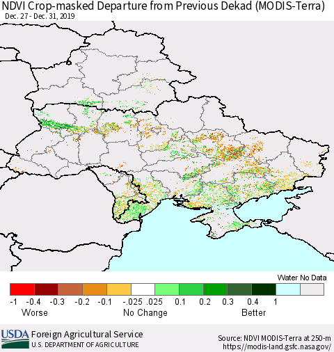 Ukraine, Moldova and Belarus Cropland NDVI Departure from Previous Dekad (Terra-MODIS) Thematic Map For 12/21/2019 - 12/31/2019