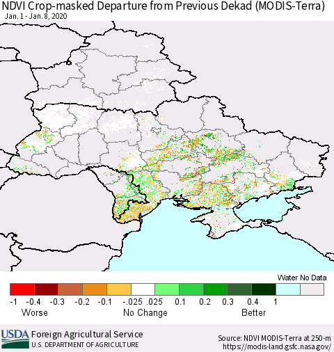 Ukraine, Moldova and Belarus Cropland NDVI Departure from Previous Dekad (Terra-MODIS) Thematic Map For 1/1/2020 - 1/10/2020