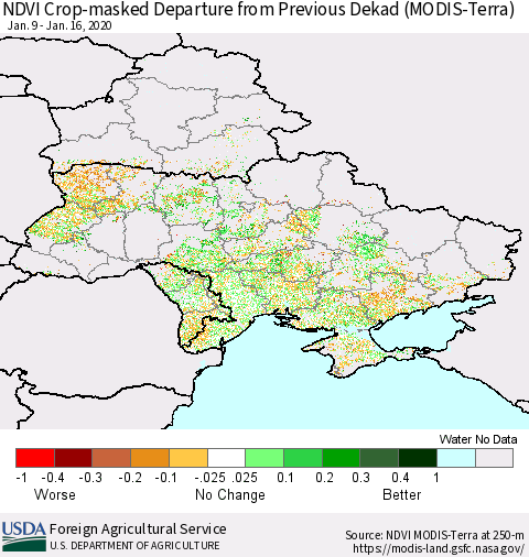Ukraine, Moldova and Belarus Cropland NDVI Departure from Previous Dekad (Terra-MODIS) Thematic Map For 1/11/2020 - 1/20/2020