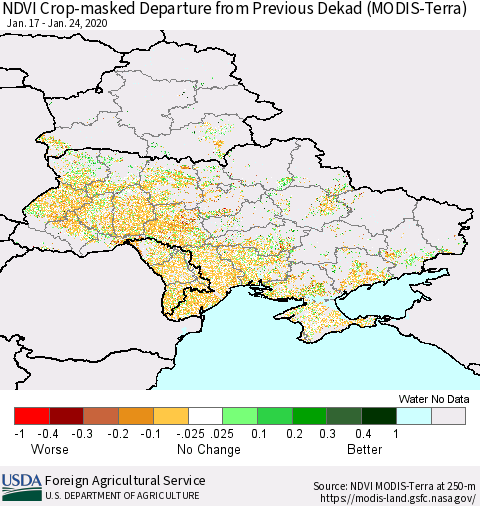 Ukraine, Moldova and Belarus Cropland NDVI Departure from Previous Dekad (Terra-MODIS) Thematic Map For 1/21/2020 - 1/31/2020