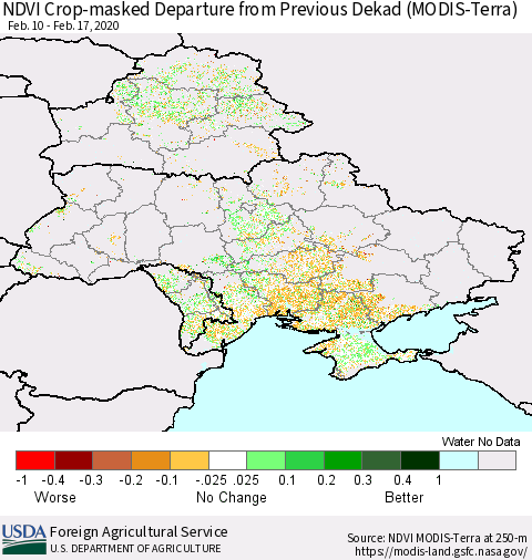 Ukraine, Moldova and Belarus Cropland NDVI Departure from Previous Dekad (Terra-MODIS) Thematic Map For 2/11/2020 - 2/20/2020