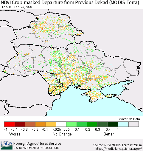 Ukraine, Moldova and Belarus Cropland NDVI Departure from Previous Dekad (Terra-MODIS) Thematic Map For 2/21/2020 - 2/29/2020