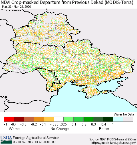 Ukraine, Moldova and Belarus Cropland NDVI Departure from Previous Dekad (Terra-MODIS) Thematic Map For 3/21/2020 - 3/31/2020