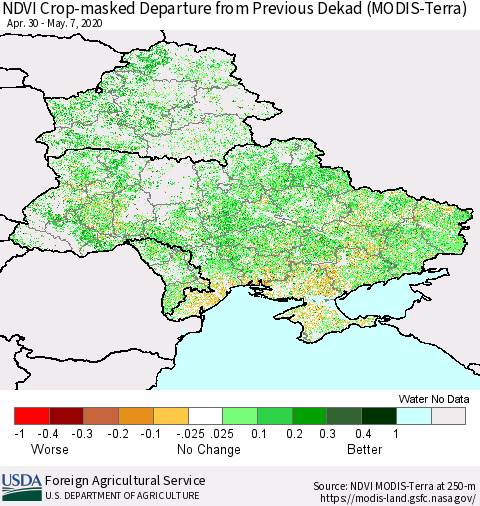 Ukraine, Moldova and Belarus Cropland NDVI Departure from Previous Dekad (Terra-MODIS) Thematic Map For 5/1/2020 - 5/10/2020