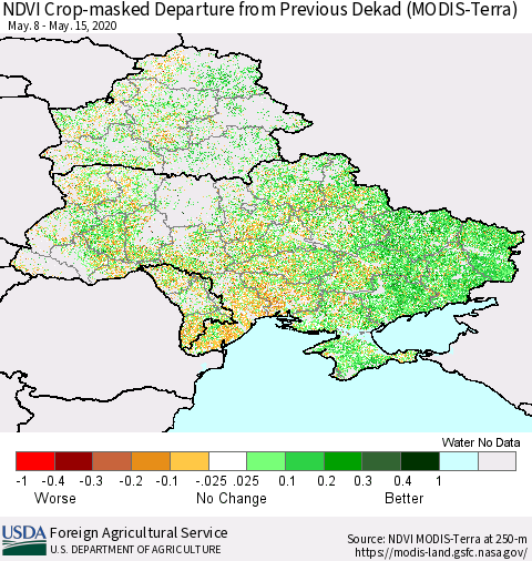 Ukraine, Moldova and Belarus Cropland NDVI Departure from Previous Dekad (Terra-MODIS) Thematic Map For 5/11/2020 - 5/20/2020