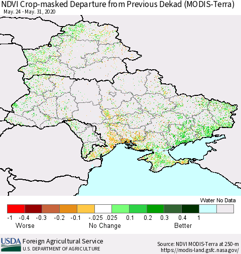 Ukraine, Moldova and Belarus Cropland NDVI Departure from Previous Dekad (Terra-MODIS) Thematic Map For 5/21/2020 - 5/31/2020
