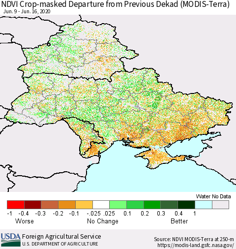 Ukraine, Moldova and Belarus Cropland NDVI Departure from Previous Dekad (Terra-MODIS) Thematic Map For 6/11/2020 - 6/20/2020