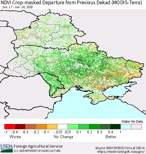 Ukraine, Moldova and Belarus Cropland NDVI Departure from Previous Dekad (Terra-MODIS) Thematic Map For 6/21/2020 - 6/30/2020