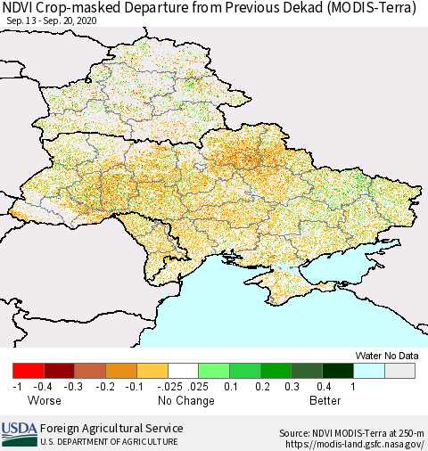 Ukraine, Moldova and Belarus Cropland NDVI Departure from Previous Dekad (Terra-MODIS) Thematic Map For 9/11/2020 - 9/20/2020