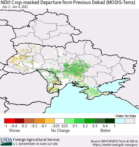 Ukraine, Moldova and Belarus Cropland NDVI Departure from Previous Dekad (Terra-MODIS) Thematic Map For 1/1/2021 - 1/10/2021