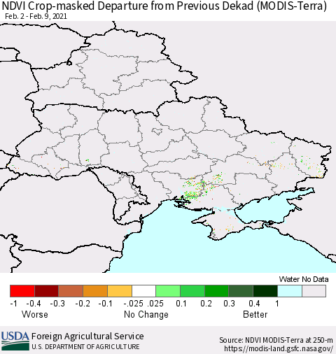 Ukraine, Moldova and Belarus Cropland NDVI Departure from Previous Dekad (Terra-MODIS) Thematic Map For 2/1/2021 - 2/10/2021