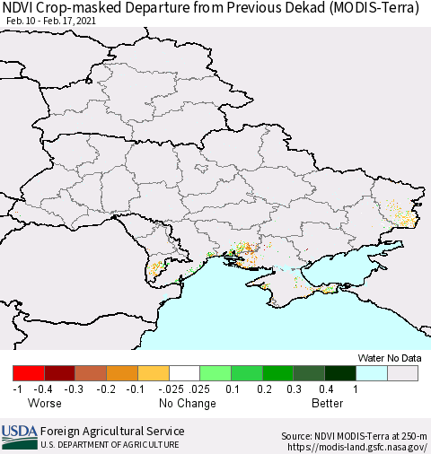 Ukraine, Moldova and Belarus Cropland NDVI Departure from Previous Dekad (Terra-MODIS) Thematic Map For 2/11/2021 - 2/20/2021