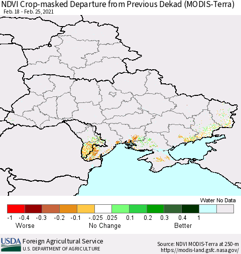 Ukraine, Moldova and Belarus Cropland NDVI Departure from Previous Dekad (Terra-MODIS) Thematic Map For 2/21/2021 - 2/28/2021