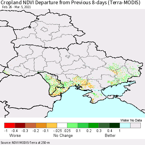 Ukraine, Moldova and Belarus Cropland NDVI Departure from Previous 8-days (Terra-MODIS) Thematic Map For 2/26/2021 - 3/5/2021