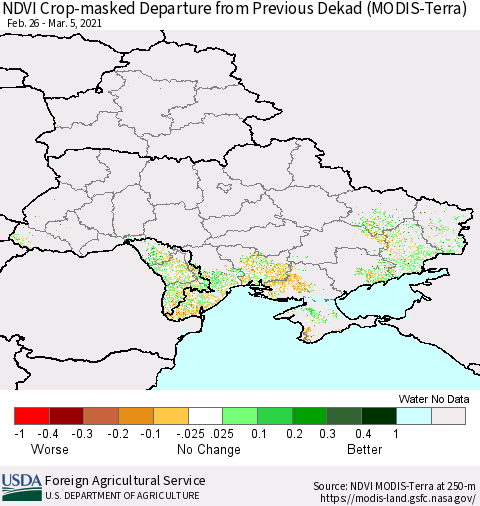 Ukraine, Moldova and Belarus Cropland NDVI Departure from Previous Dekad (Terra-MODIS) Thematic Map For 3/1/2021 - 3/10/2021