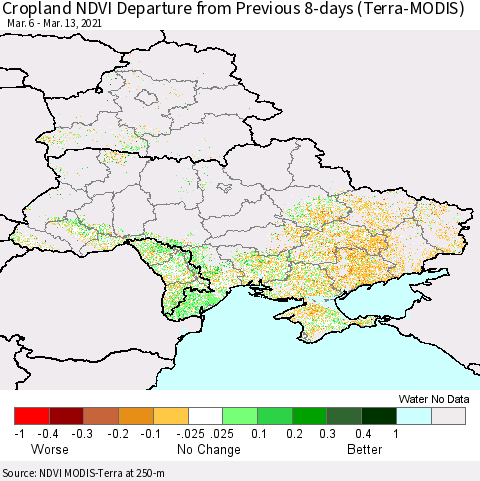 Ukraine, Moldova and Belarus Cropland NDVI Departure from Previous 8-days (Terra-MODIS) Thematic Map For 3/6/2021 - 3/13/2021