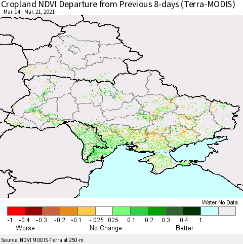 Ukraine, Moldova and Belarus Cropland NDVI Departure from Previous 8-days (Terra-MODIS) Thematic Map For 3/14/2021 - 3/21/2021