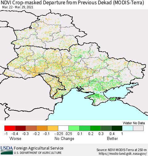 Ukraine, Moldova and Belarus Cropland NDVI Departure from Previous Dekad (Terra-MODIS) Thematic Map For 3/21/2021 - 3/31/2021