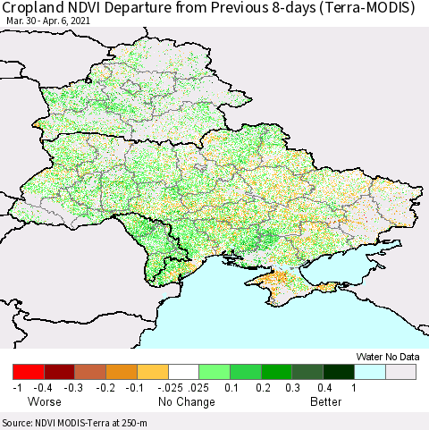 Ukraine, Moldova and Belarus Cropland NDVI Departure from Previous 8-days (Terra-MODIS) Thematic Map For 3/30/2021 - 4/6/2021