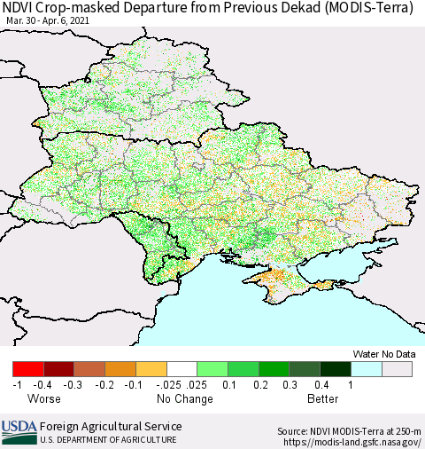 Ukraine, Moldova and Belarus Cropland NDVI Departure from Previous Dekad (Terra-MODIS) Thematic Map For 4/1/2021 - 4/10/2021