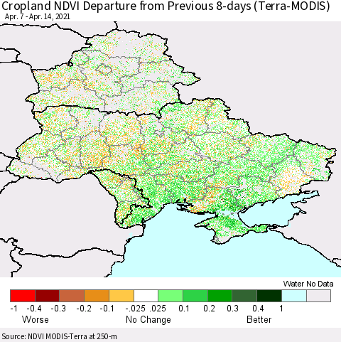 Ukraine, Moldova and Belarus Cropland NDVI Departure from Previous 8-days (Terra-MODIS) Thematic Map For 4/7/2021 - 4/14/2021