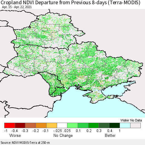 Ukraine, Moldova and Belarus Cropland NDVI Departure from Previous 8-days (Terra-MODIS) Thematic Map For 4/15/2021 - 4/22/2021