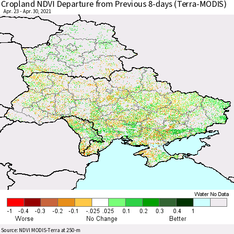 Ukraine, Moldova and Belarus Cropland NDVI Departure from Previous Dekad (Terra-MODIS) Thematic Map For 4/21/2021 - 4/30/2021