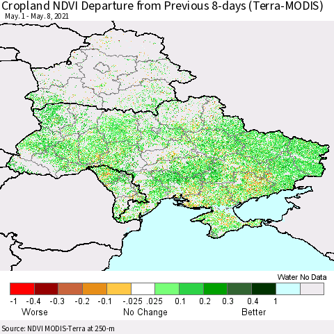 Ukraine, Moldova and Belarus Cropland NDVI Departure from Previous 8-days (Terra-MODIS) Thematic Map For 5/1/2021 - 5/8/2021