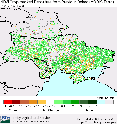 Ukraine, Moldova and Belarus Cropland NDVI Departure from Previous Dekad (Terra-MODIS) Thematic Map For 5/1/2021 - 5/10/2021