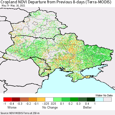 Ukraine, Moldova and Belarus Cropland NDVI Departure from Previous 8-days (Terra-MODIS) Thematic Map For 5/9/2021 - 5/16/2021