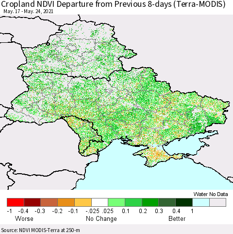 Ukraine, Moldova and Belarus Cropland NDVI Departure from Previous 8-days (Terra-MODIS) Thematic Map For 5/17/2021 - 5/24/2021